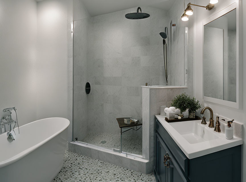 a bathroom with grey and white colors combination