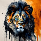 Lion's face with abstract orange watercolor splashes on white background