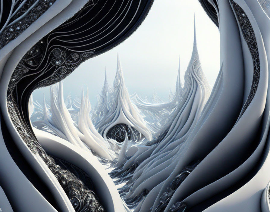 Intricate surreal fractal landscape in white, black, and gray swirls