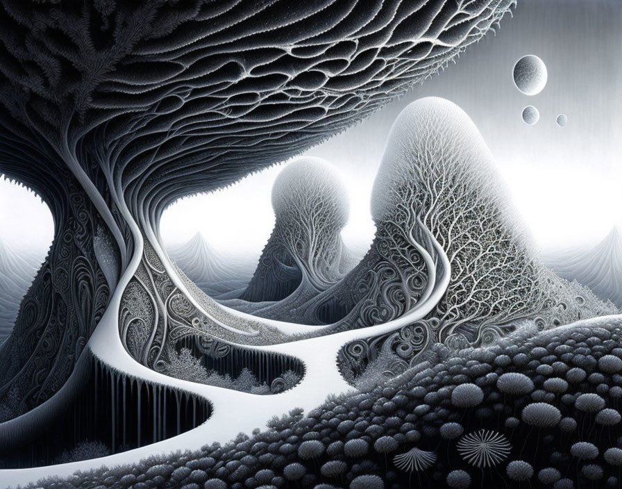 Detailed Monochromatic Surreal Landscape with Fractal-Like Trees and Floating Orbs