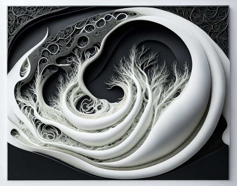 Abstract Black and White Fractal Image with Swirling Patterns and Tree-like Structures