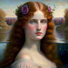 Digital artwork: Woman with reddish hair and flower crown in surreal seascape
