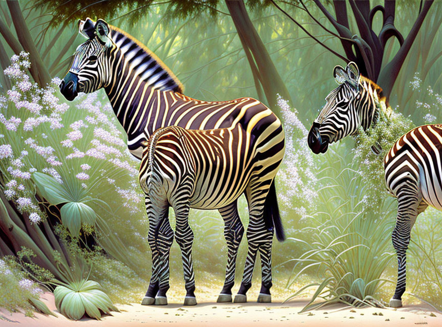 Zebras in lush forest setting with white flowers and green foliage