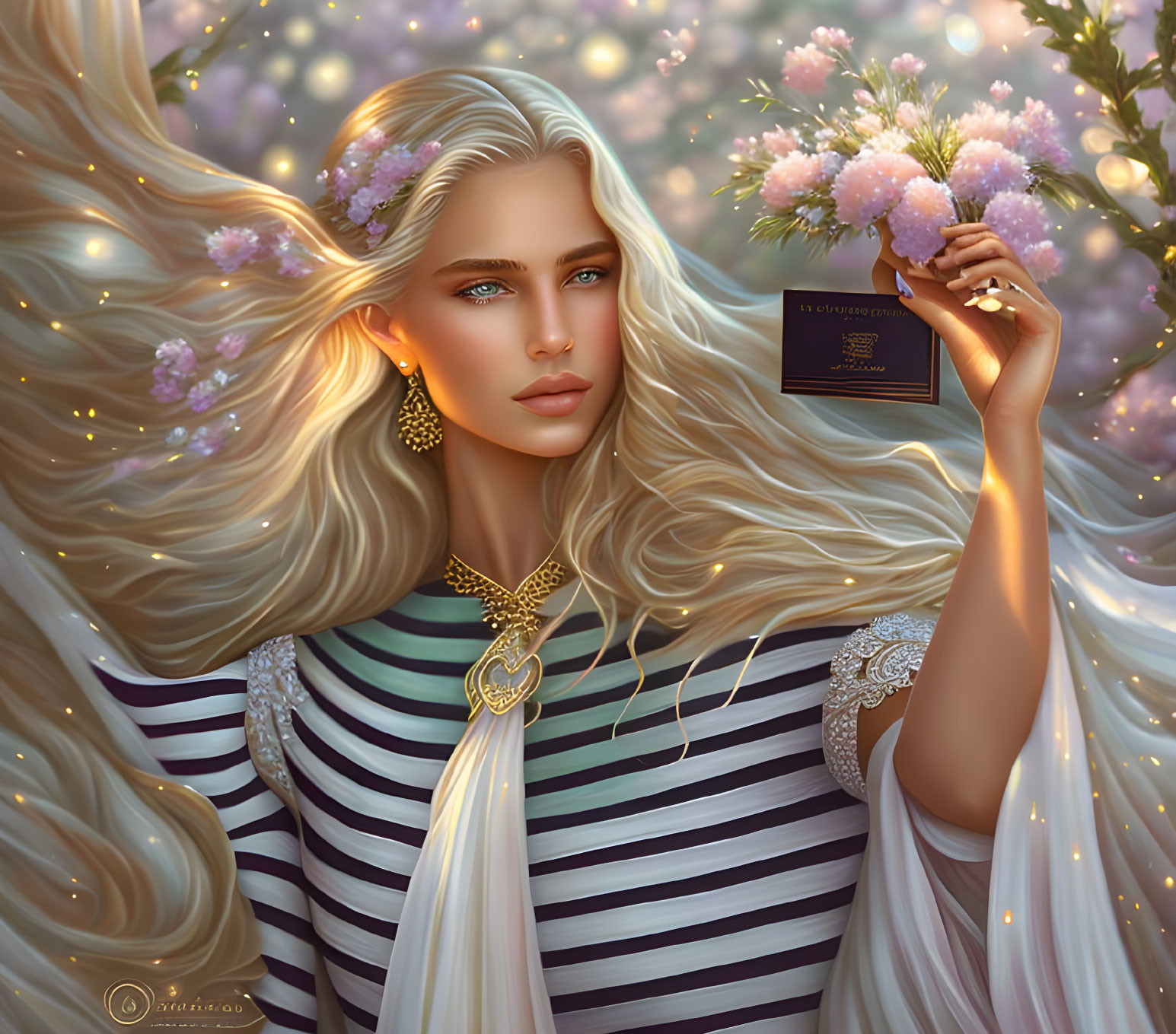 Blonde woman with flowers in magical golden setting