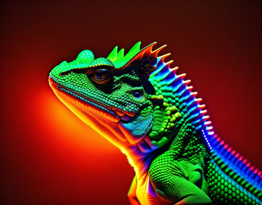 Colorful digitally illustrated iguana on warm red background with intricate scales.