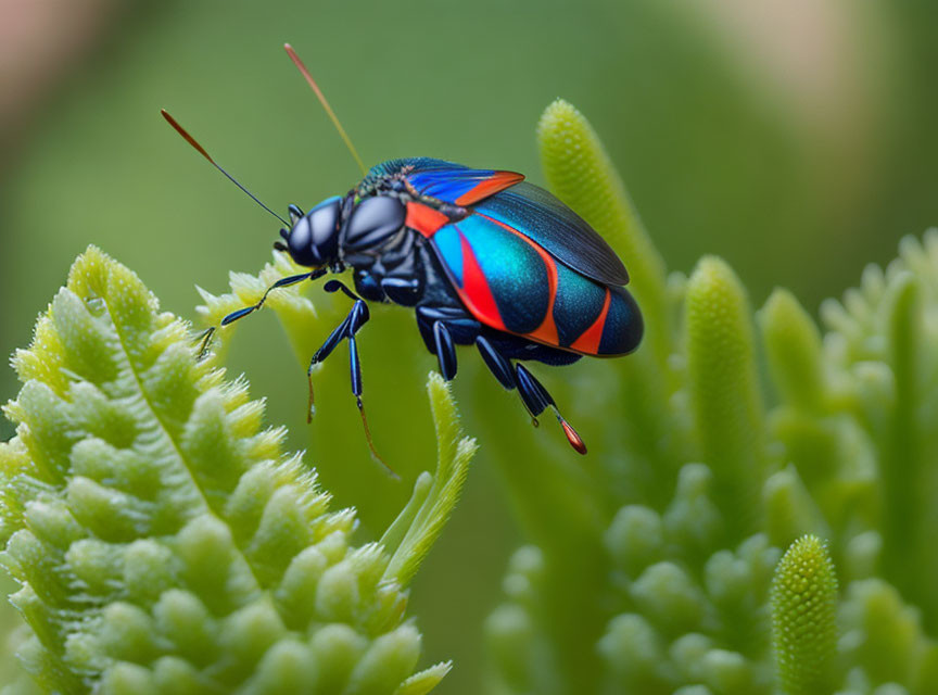 Colorful Beetle with Long Antennae on Green Plant