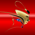 Abstract Golden Bird Sculpture on Vibrant Red Background
