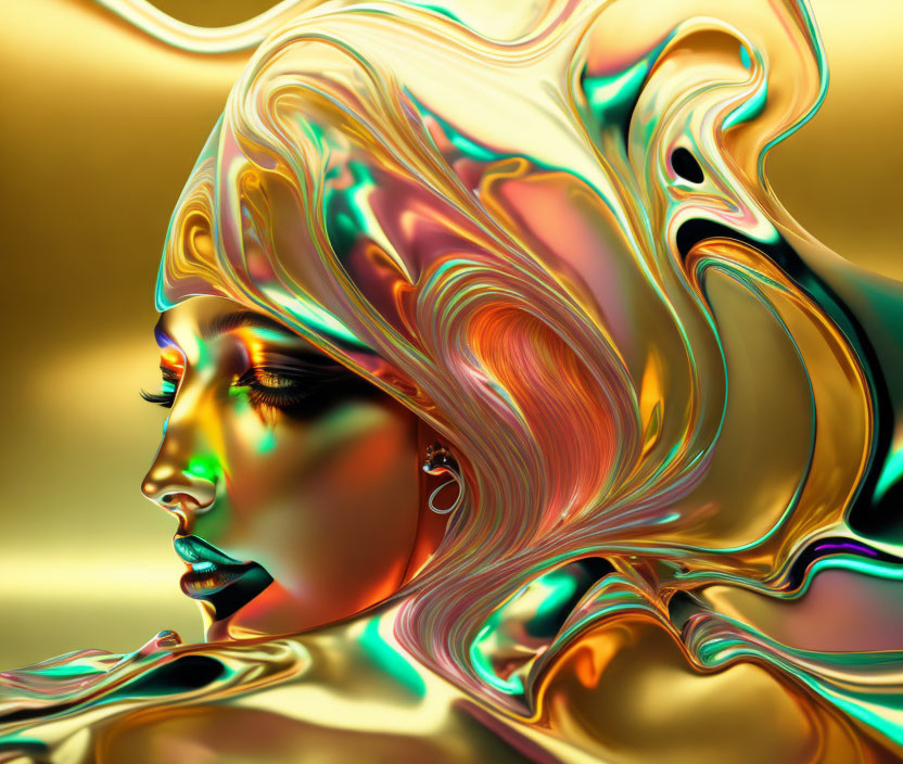 Vibrant Woman Silhouette in Liquid Metal Colors