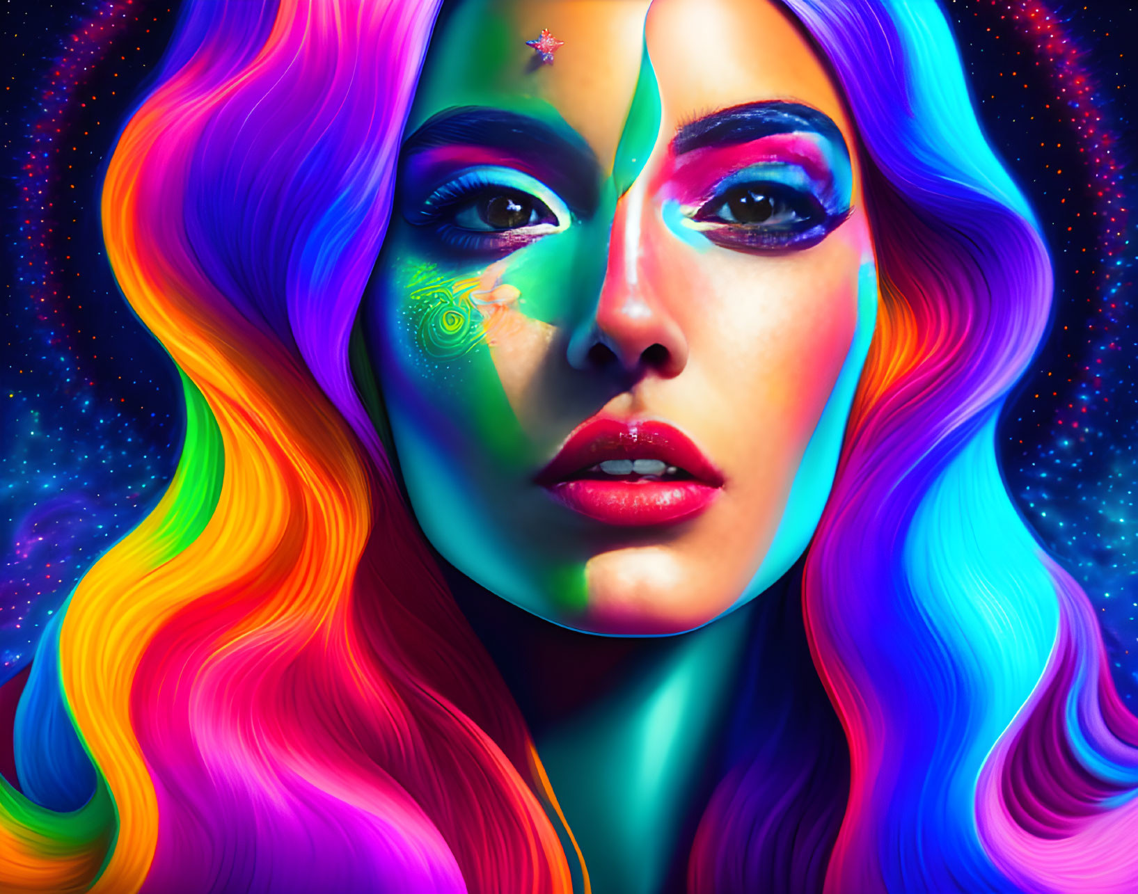 Colorful portrait of woman with glowing makeup and multicolored hair on cosmic backdrop
