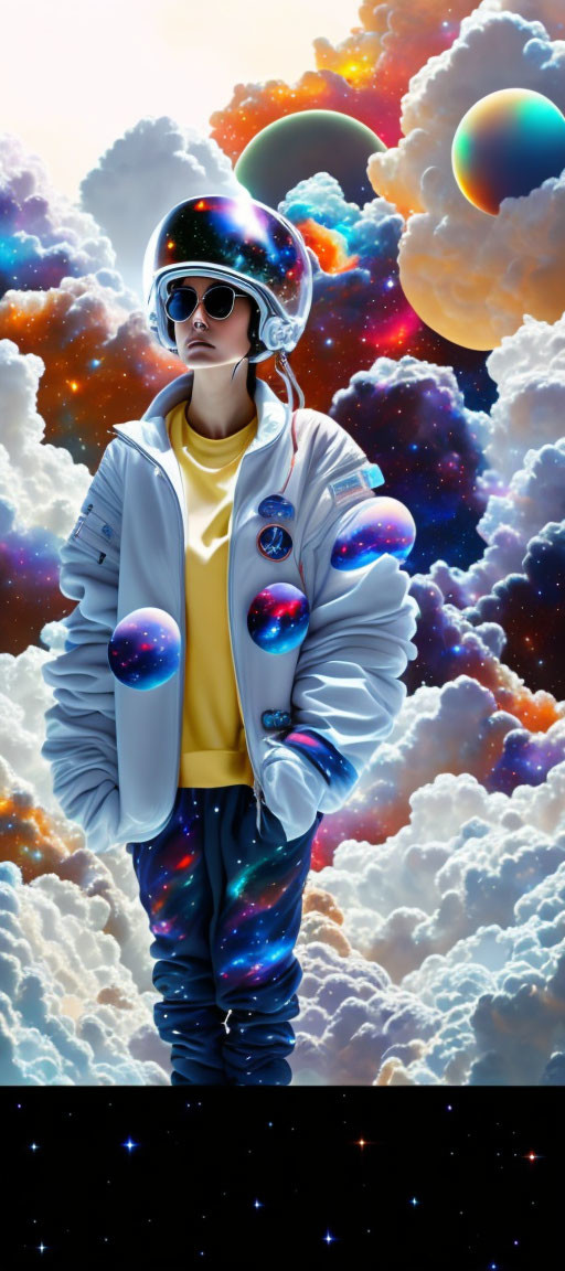 Person in Space-Themed Outfit with Planetary Backdrop