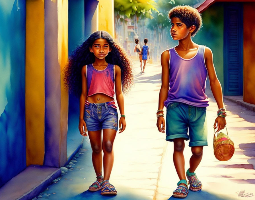 Children in colorful alley: girl with basket, boy in tank top