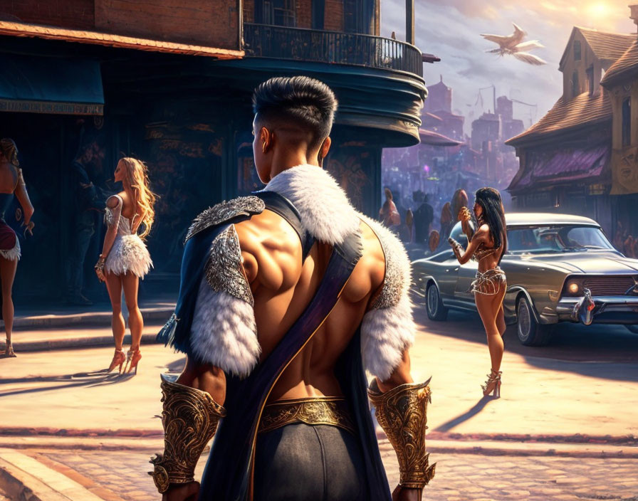 Muscular man in futuristic gladiator costume in retro-futuristic city scene