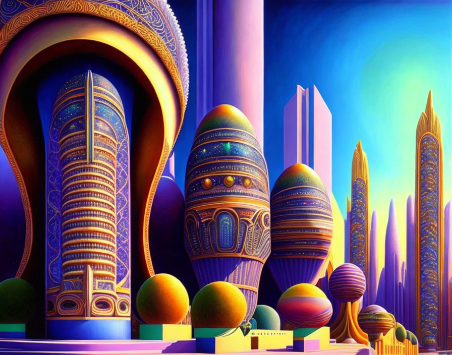 Futuristic digital artwork: Vibrant buildings with egg-shaped structures under twilight sky