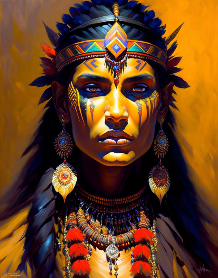 Intricate face paint and feathered headdress on warm yellow backdrop