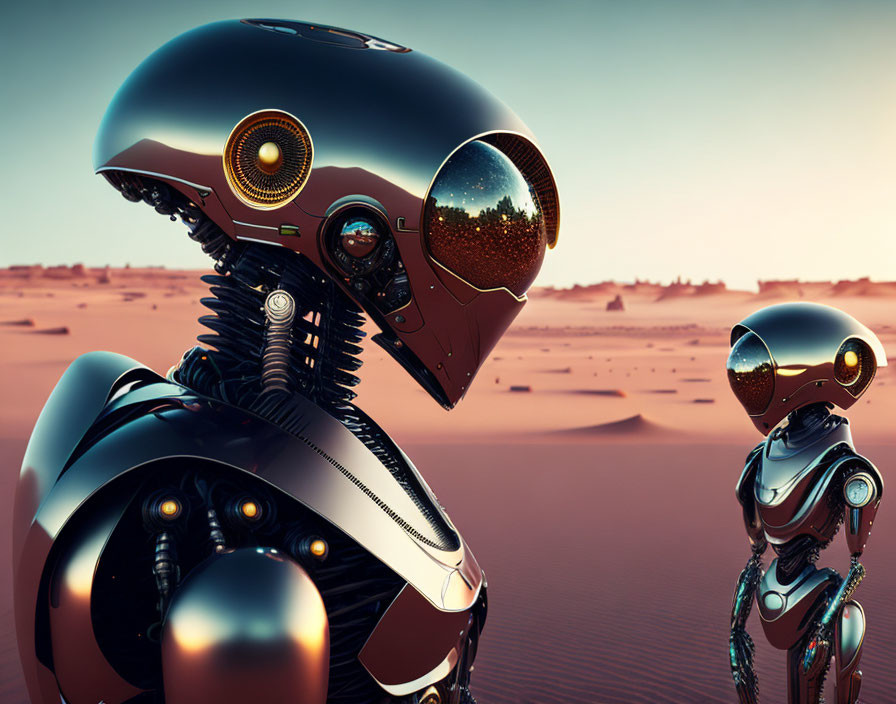 Futuristic humanoid robots in desert under orange sky