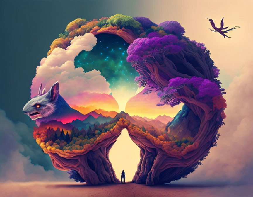 Fantastical landscape with brain-shaped tree, cosmic sky, mountains, wolf head, vibrant foliage,