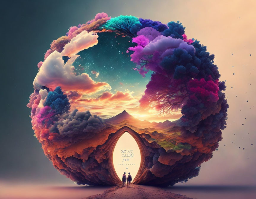 Colorful Clouds and Silhouetted Figures in Surreal Circular Landscape