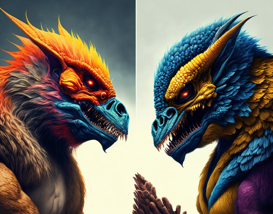 Vibrant dragon illustrations in contrasting colors