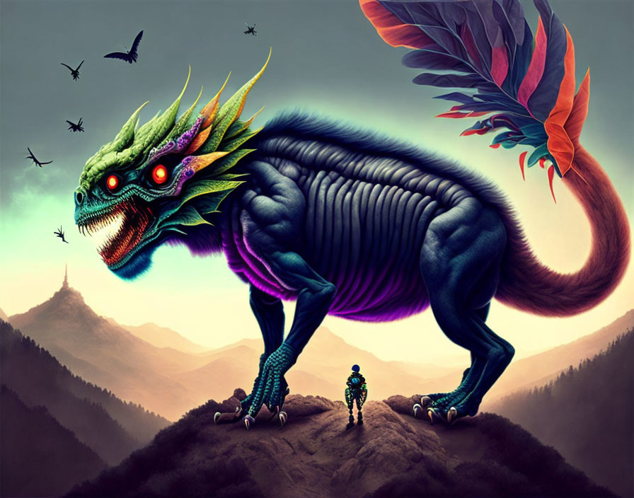 Armored figure confronts colorful mythical beast in mystical landscape