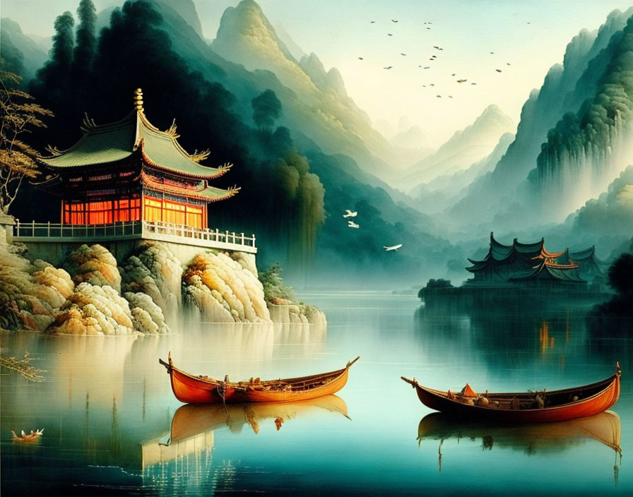 Tranquil Asian landscape with misty mountains, water, boats, and birds