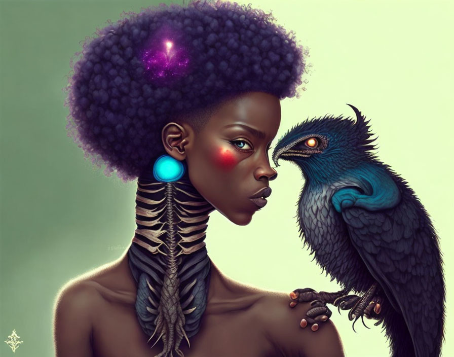 Digital artwork featuring woman with glowing pink afro and blue, sharp-gazed creature