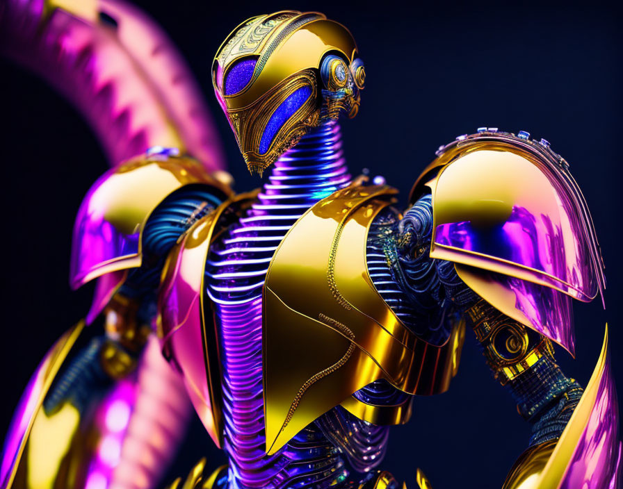 Futuristic robot with metallic purple and gold armor on dark background