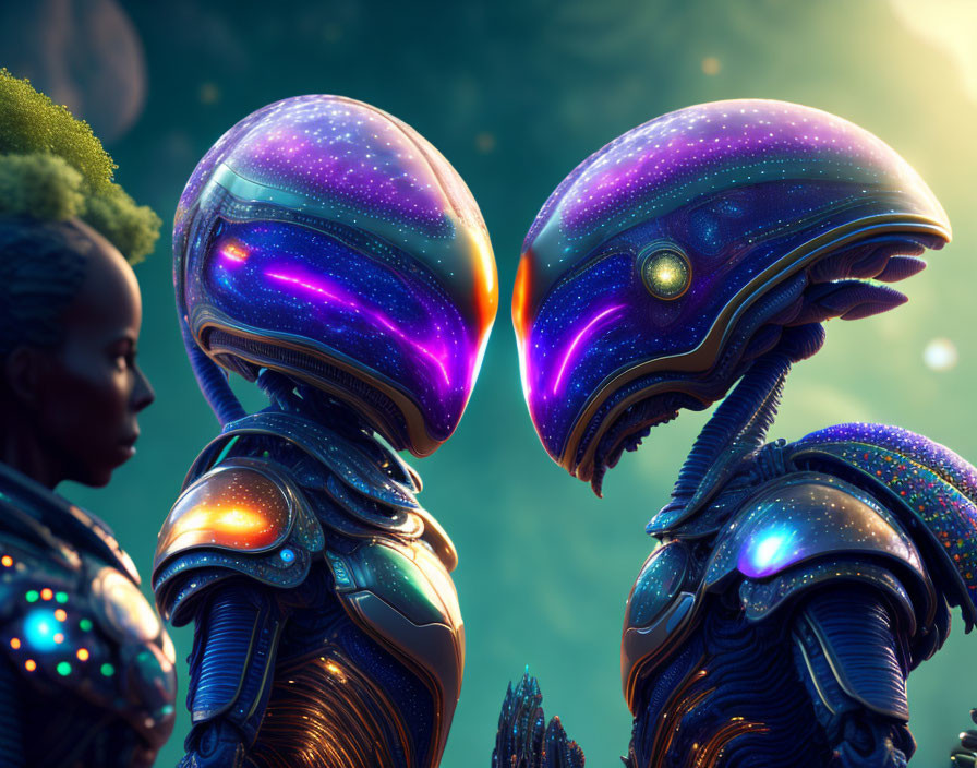 Futuristic beings with iridescent helmet-like heads in alien world