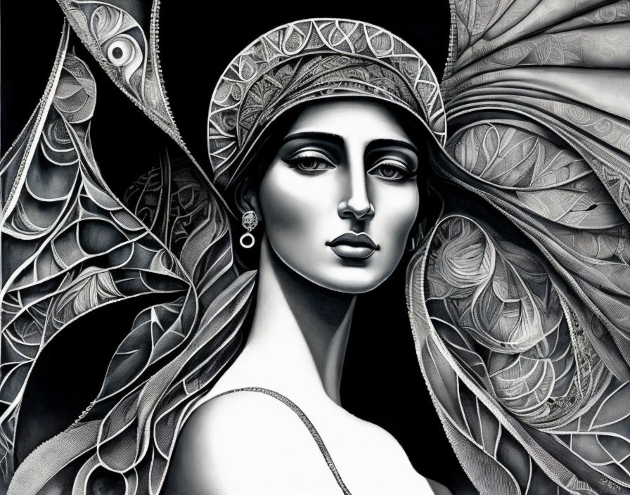 Monochromatic artwork of a stylized woman with ornate headdress and intricate patterns
