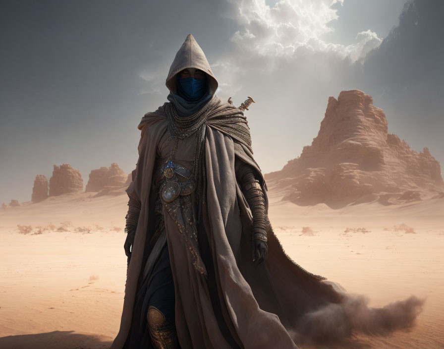 Robed Figure in Desert with Swirling Sand and Majestic Rock Formations