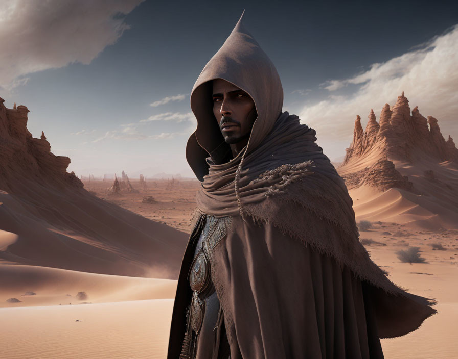 Hooded figure in desert landscape with sand dunes and rock formations