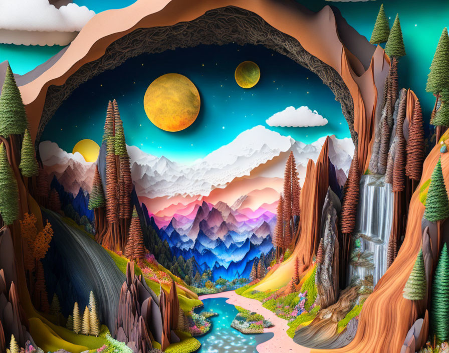 Fantasy landscape with waterfall, mountains, pine trees, and multiple moons in the night sky.