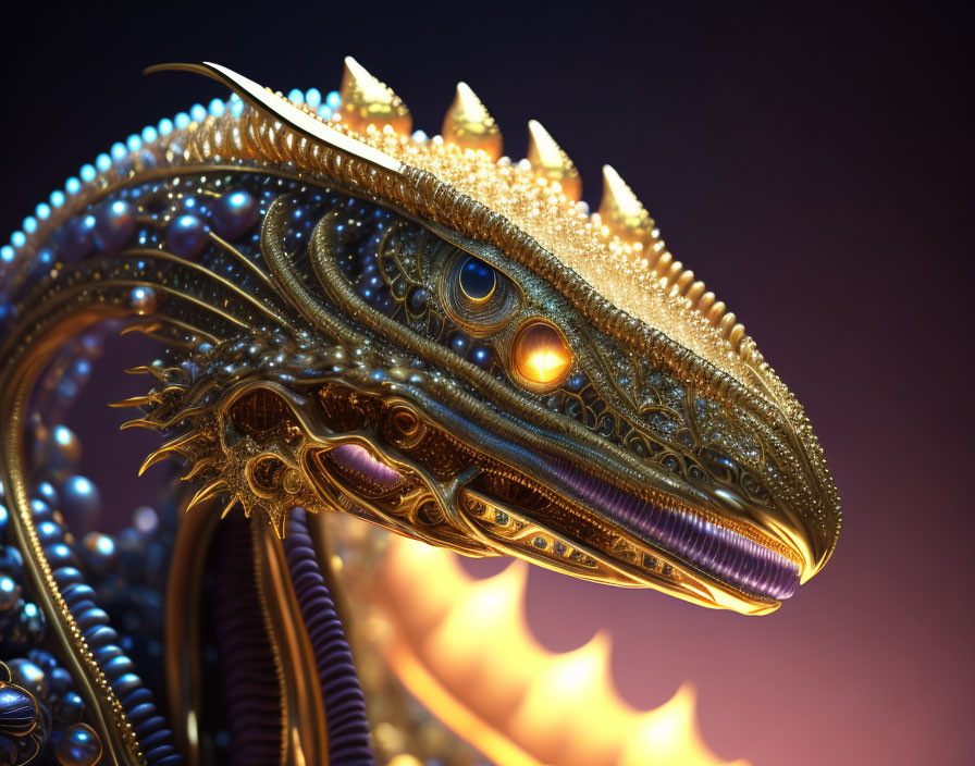 Detailed Metallic Dragon Head with Golden Patterns and Glowing Eyes on Dark Background