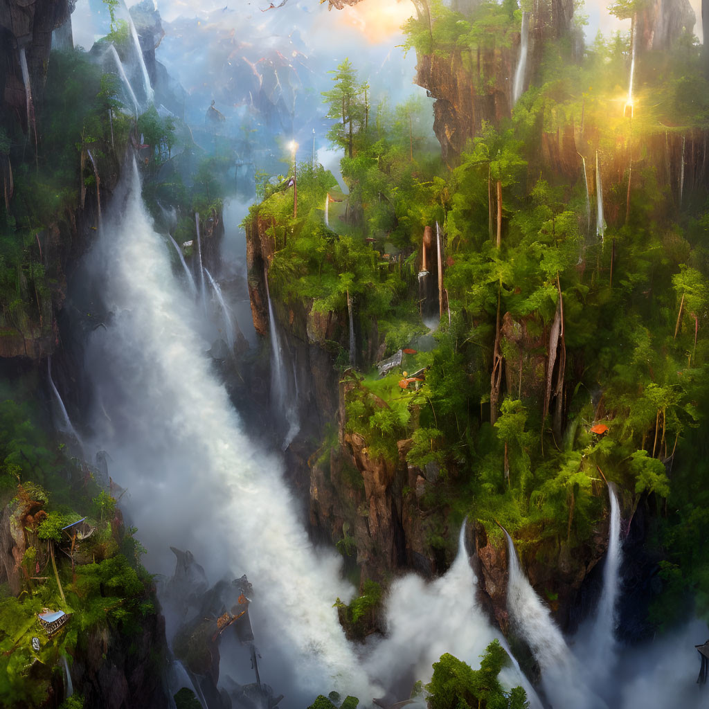 Misty forest with waterfalls, sunlight, and cliff dwellings