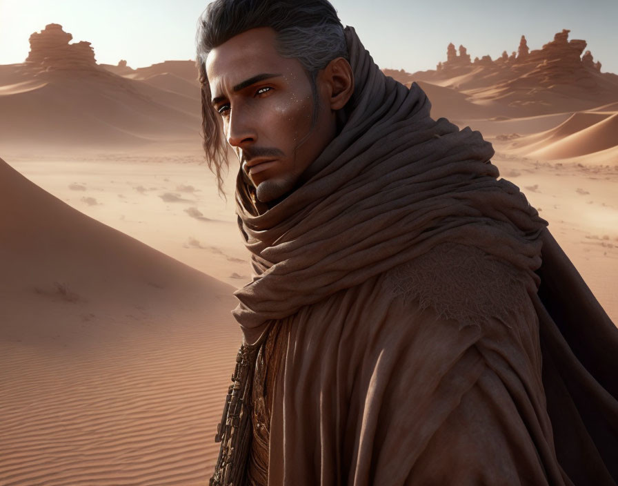 Man in cloak against desert backdrop with sand dunes and rocks
