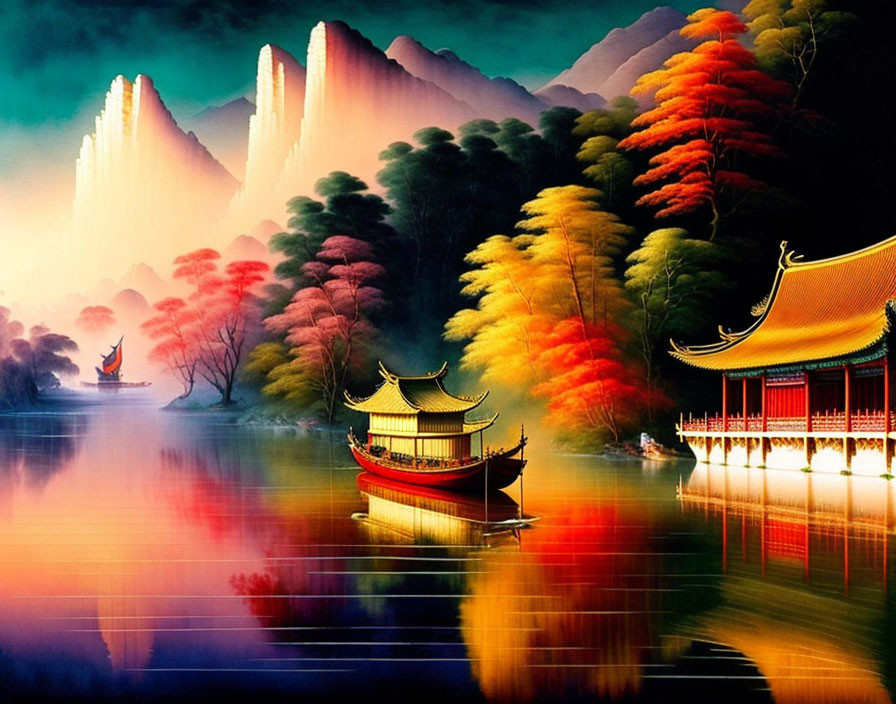 Scenic landscape with pagoda, boat, river, trees, and mountains