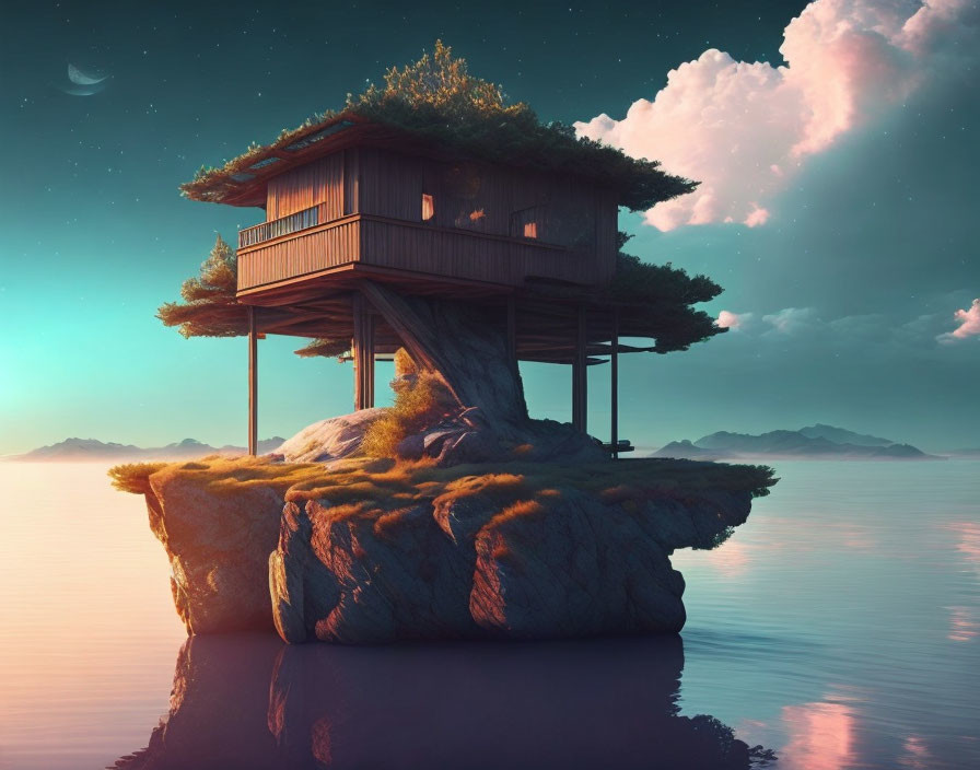 Tranquil digital art: Traditional house on rock island in calm waters at dusk