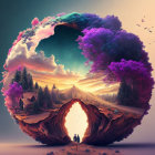 Colorful Clouds and Silhouetted Figures in Surreal Circular Landscape