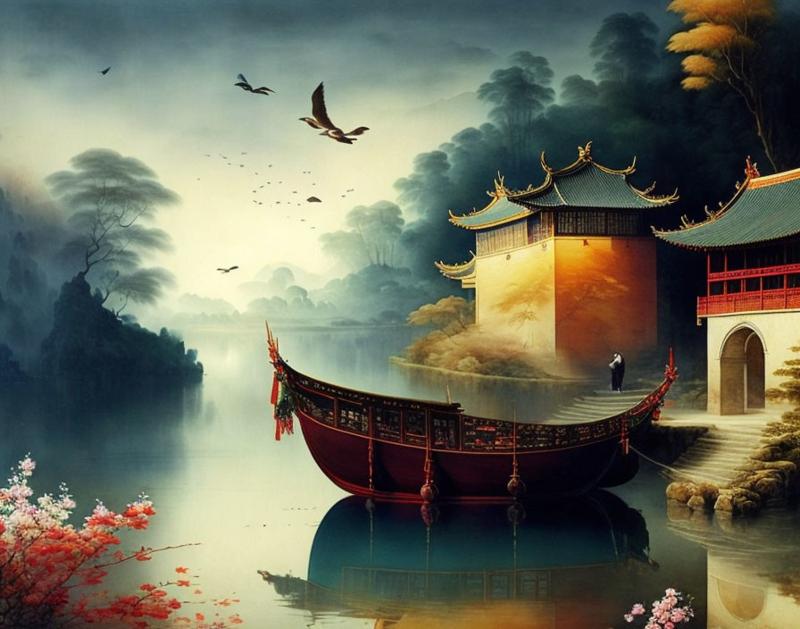 Tranquil Asian building by misty lake with birds, boat, and blossoming branches