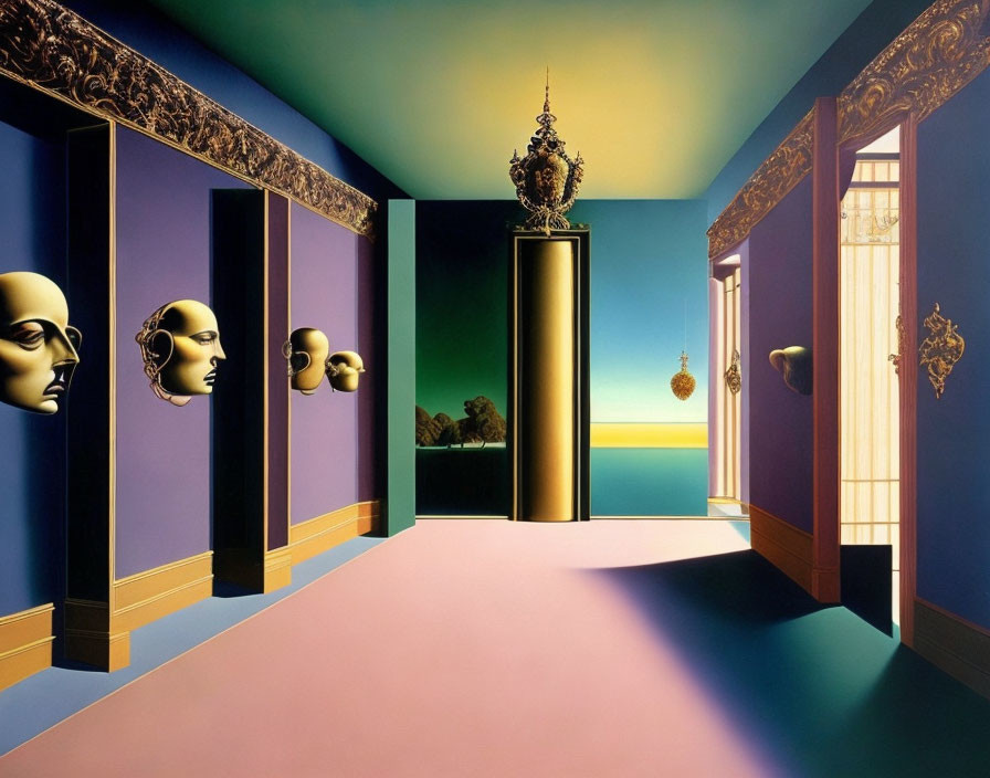 Surreal corridor with faces, vibrant purple and blue tones, ornate details