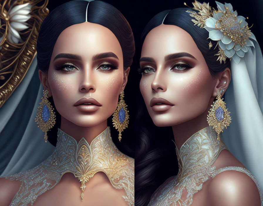 Intricate Gold and Blue Jewelry on Two Women with Elegant Makeup
