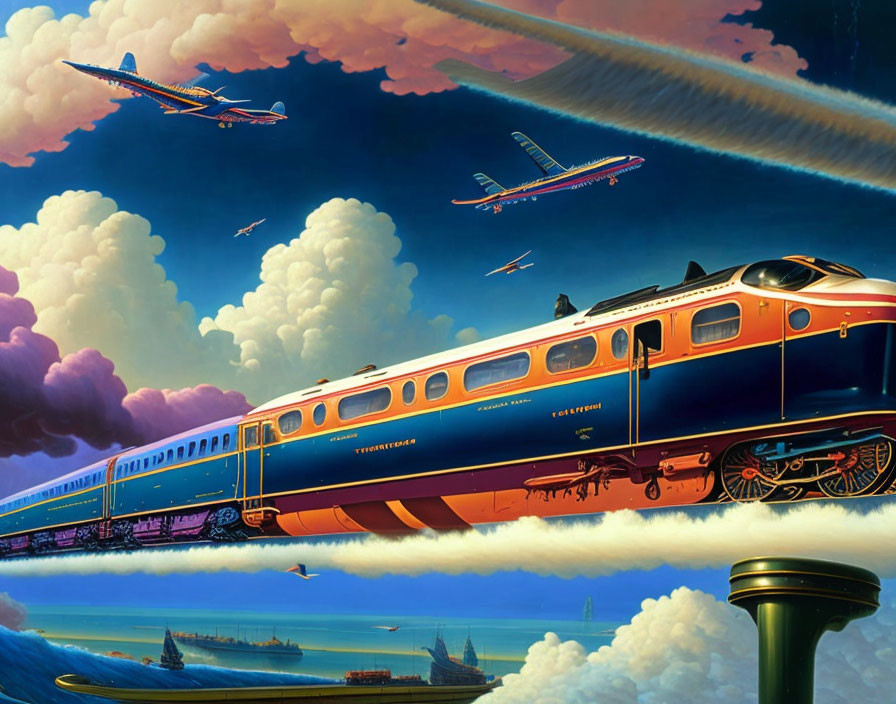 Colorful vintage train and airplanes in dramatic sunset sky