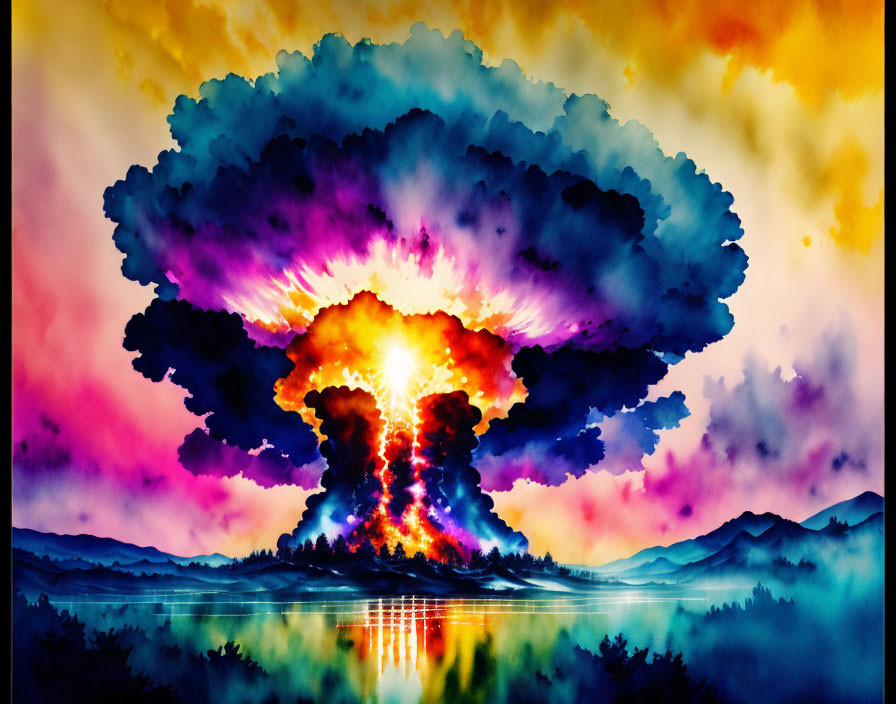 Colorful Artistic Depiction of Nuclear Explosion Reflecting on Water