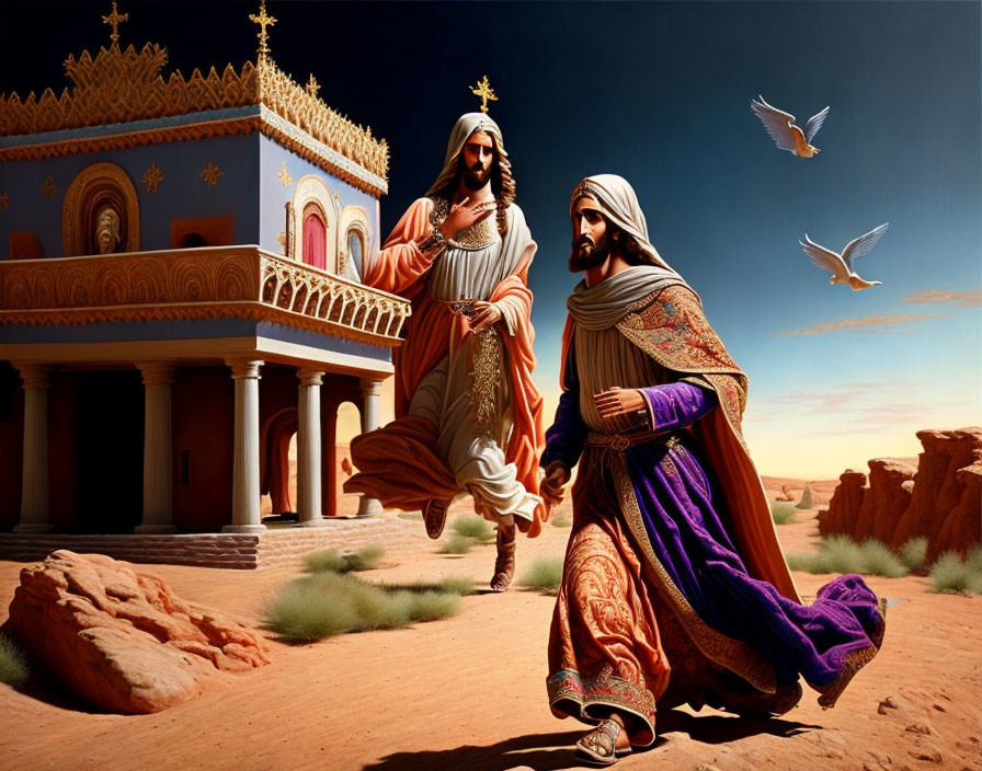 Digital artwork of two robed figures in desert with palace and doves