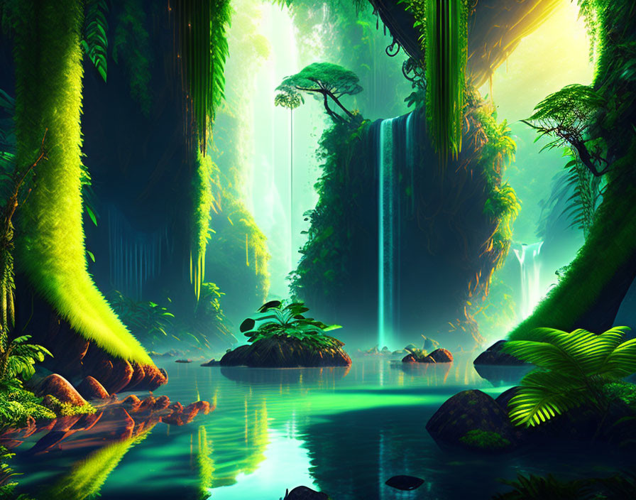 Vibrant fantasy forest with waterfalls, mist, and river in ethereal light