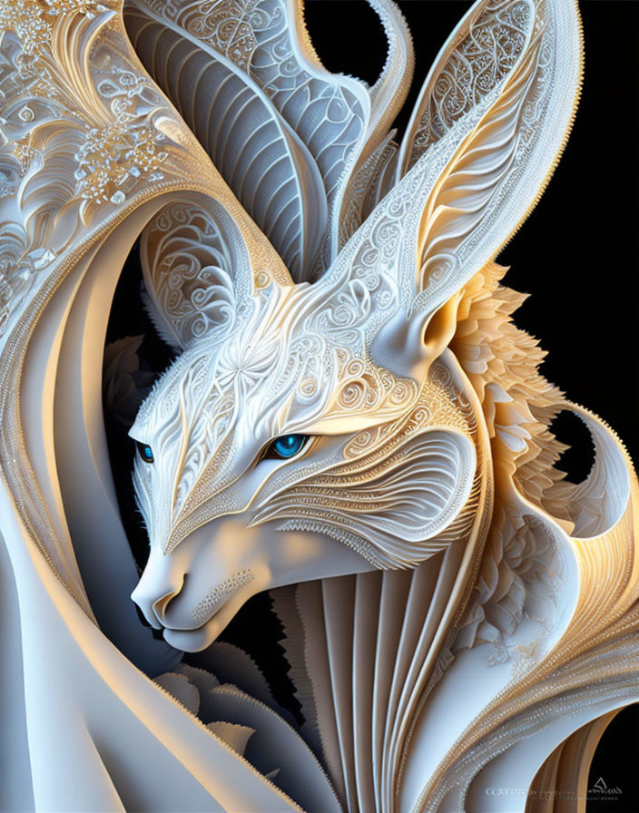 Detailed digital artwork of stylized fox head with intricate patterns and monochromatic color scheme