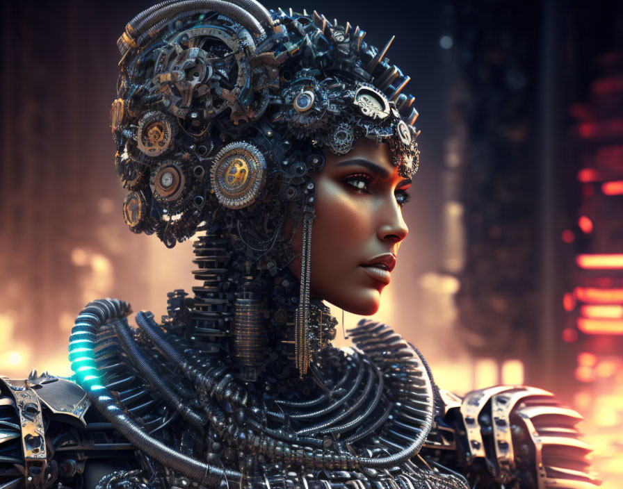 Digital artwork of woman with mechanical hair and neck against futuristic backdrop