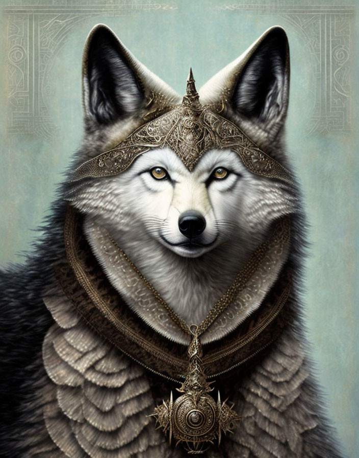 Majestic wolf digital artwork with blue eyes and ornate armor