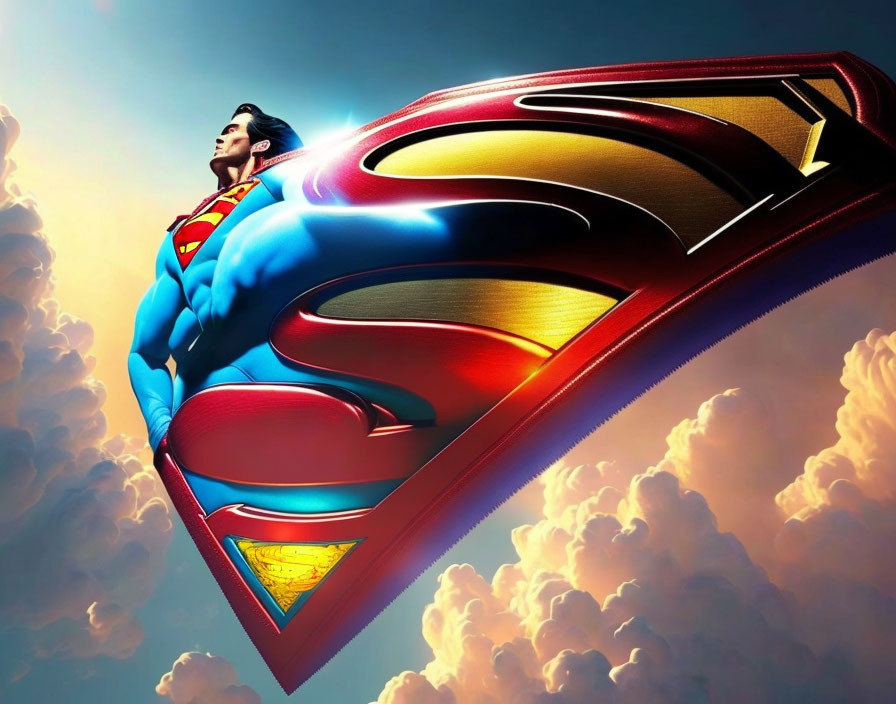 Superman flying with logo against blue sky
