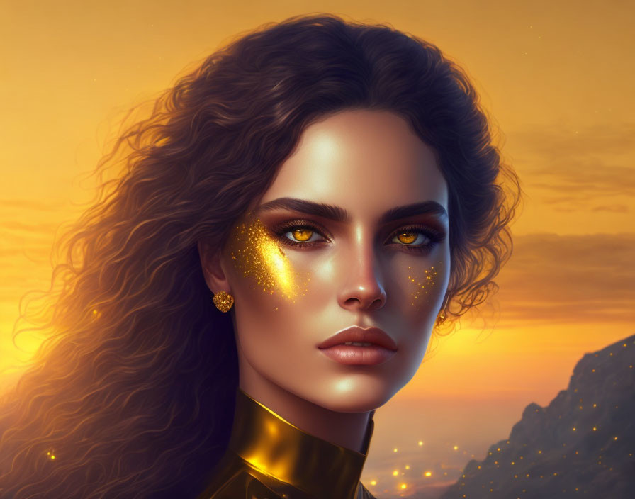 Woman with Golden Glitter Makeup and Green Eyes in Sunset Portrait