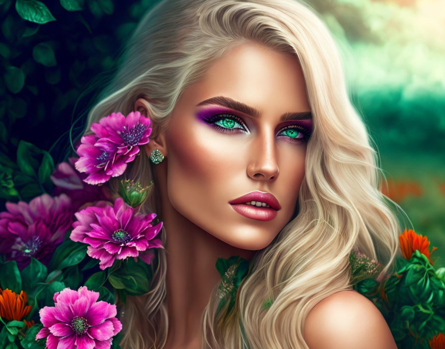 Portrait of Woman with Striking Green Eyes and Floral Makeup